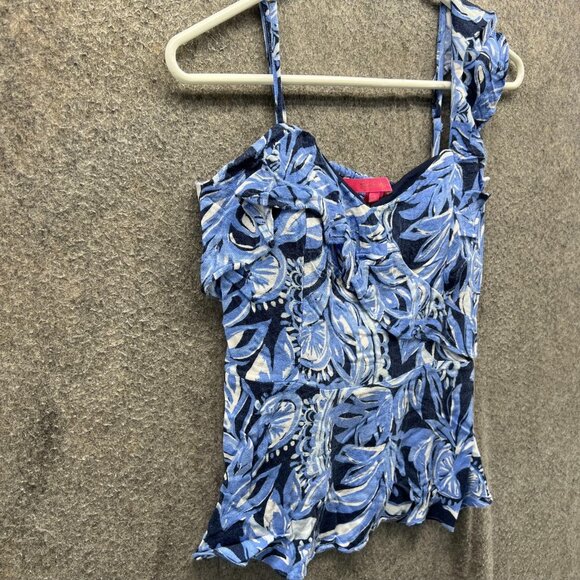 Lilly Pulitzer Top Womens 2 Blue Floral Ruffle Smocked Peplum Sleeveless Shirt - Picture 4 of 10